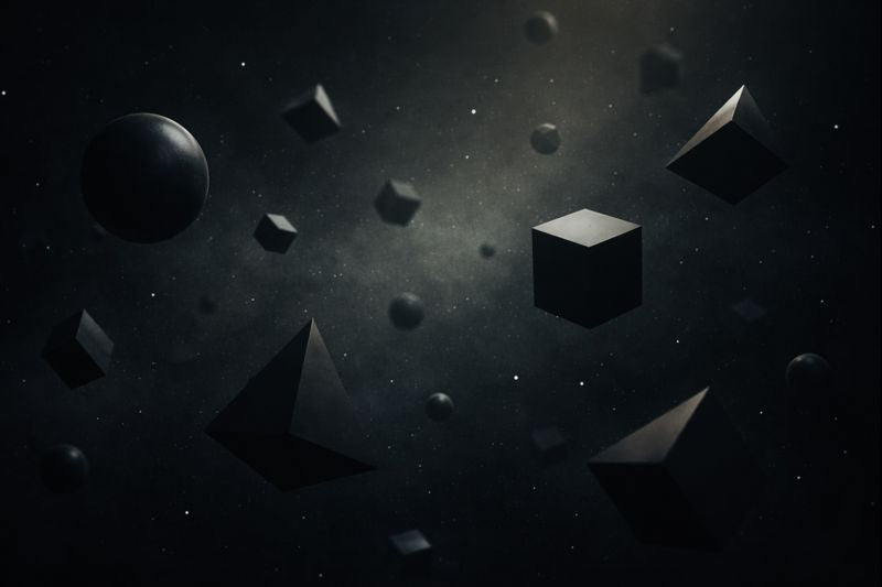 abstract dark background with various floating shapes