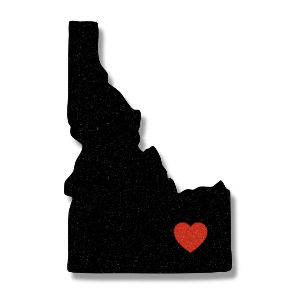 State of Idaho in black with heart over south east