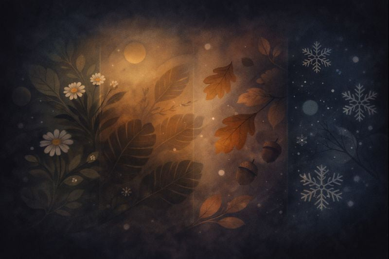abstract background image depicting four seasons with matching shapes in a dark color pallet